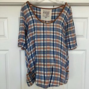 Ace & Jig Short Sleeve Tunic Top Size Medium Pink Blue Plaid Pockets Linen Blend